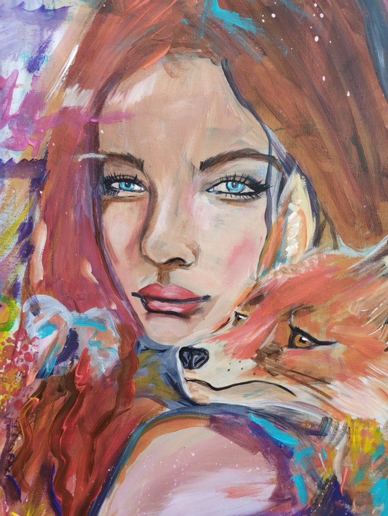 Een kleurrijk schilderij van een vrouw met lange, golvende haren en een vos die tegen haar aanleunt, met abstracte achtergronden in levendige kleuren.
